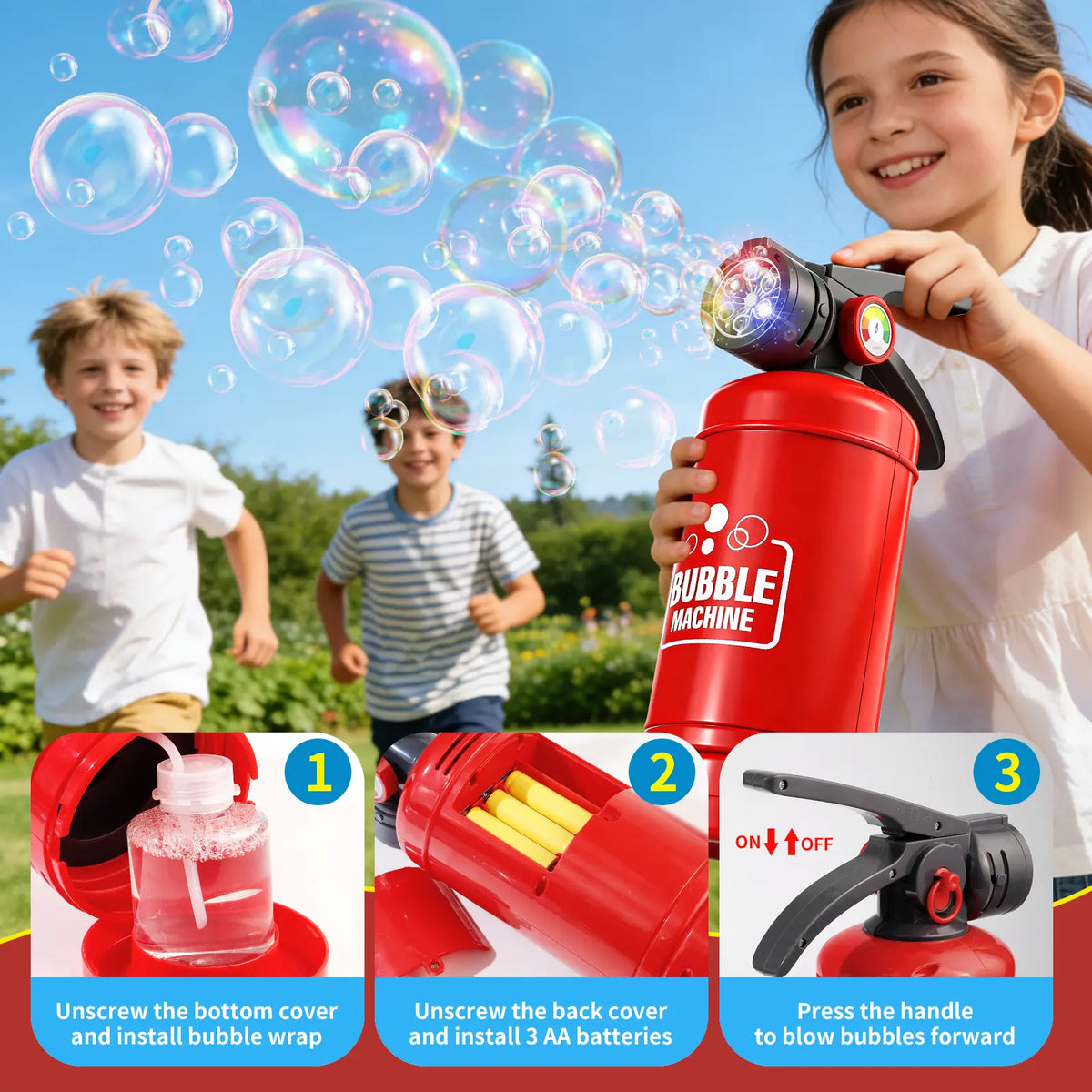 Automatic Bubble Machine Toy for Kids, Fire Extinguisher Style Bubble Blower with Colorful LED Lights, 6-Hole Bubble Maker with Bubble Solution for Outdoor Party Birthday Summer Play